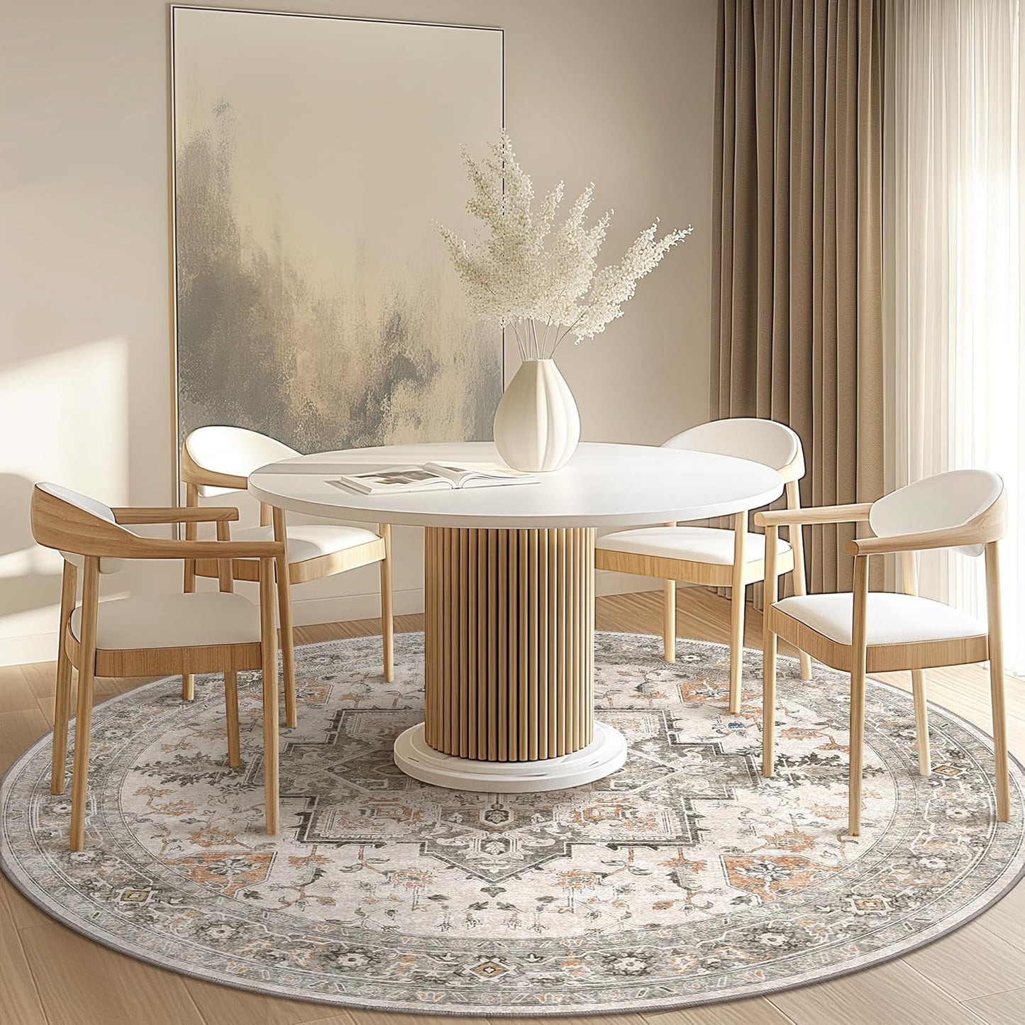 GENIMO 5FT Round Area Rugs for Living Room, Circle Rugs Machine Washable Low Pile, Chenille Non Slip Vintage Rug for Bedroom, Dining Room, Home Office, Light Taupe Brown