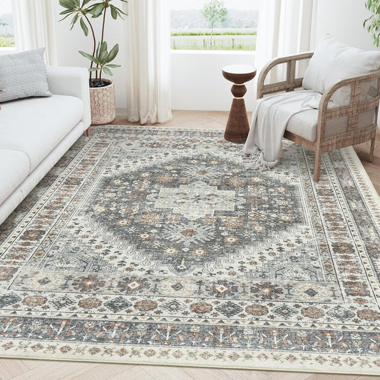 zesthome 6x9 Area Rug, Super Soft Washable Rugs for Living Room, Non-Slip Stain Resistant Vintage Rugs, Ultra-Thin Large Area Rugs (Grey/Orange,6'x9')