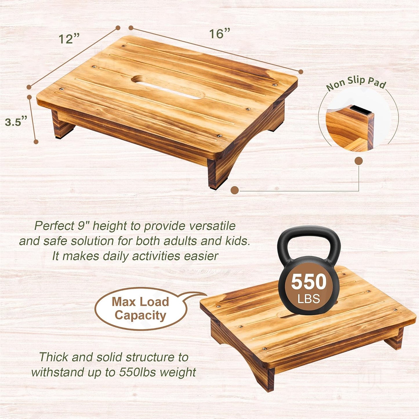 Wooden Step Stool for Adults, 3.5" Portable Wood Step for Kids, Heavy Duty One Step Bedside Stool with 550 Lbs Load Capacity, Non-Slip White Foot Stool for Kitchen Bathroom