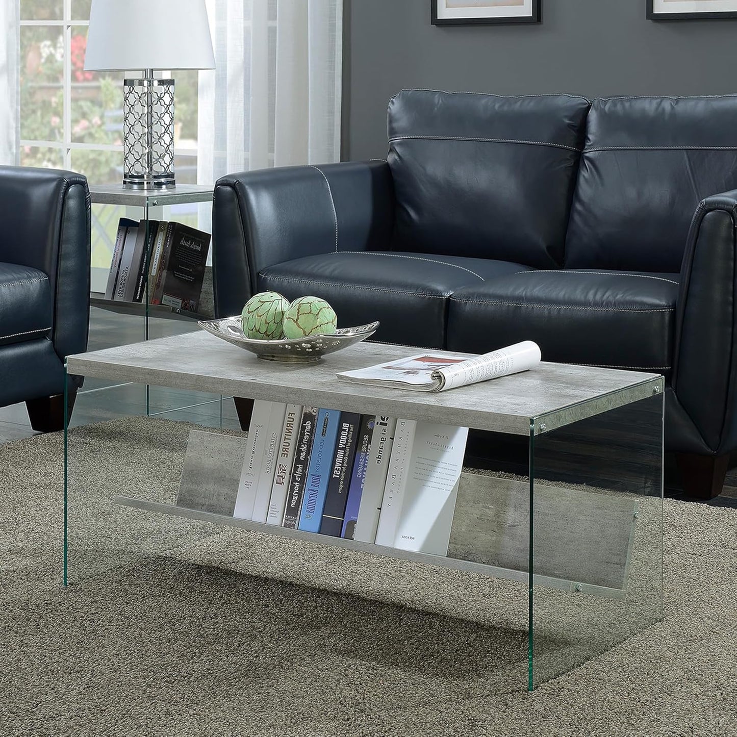Convenience Concepts SoHo Modern Living Storage Shelf, Contemporary Coffee Table for Family Room, 40", Faux Birch/Glass