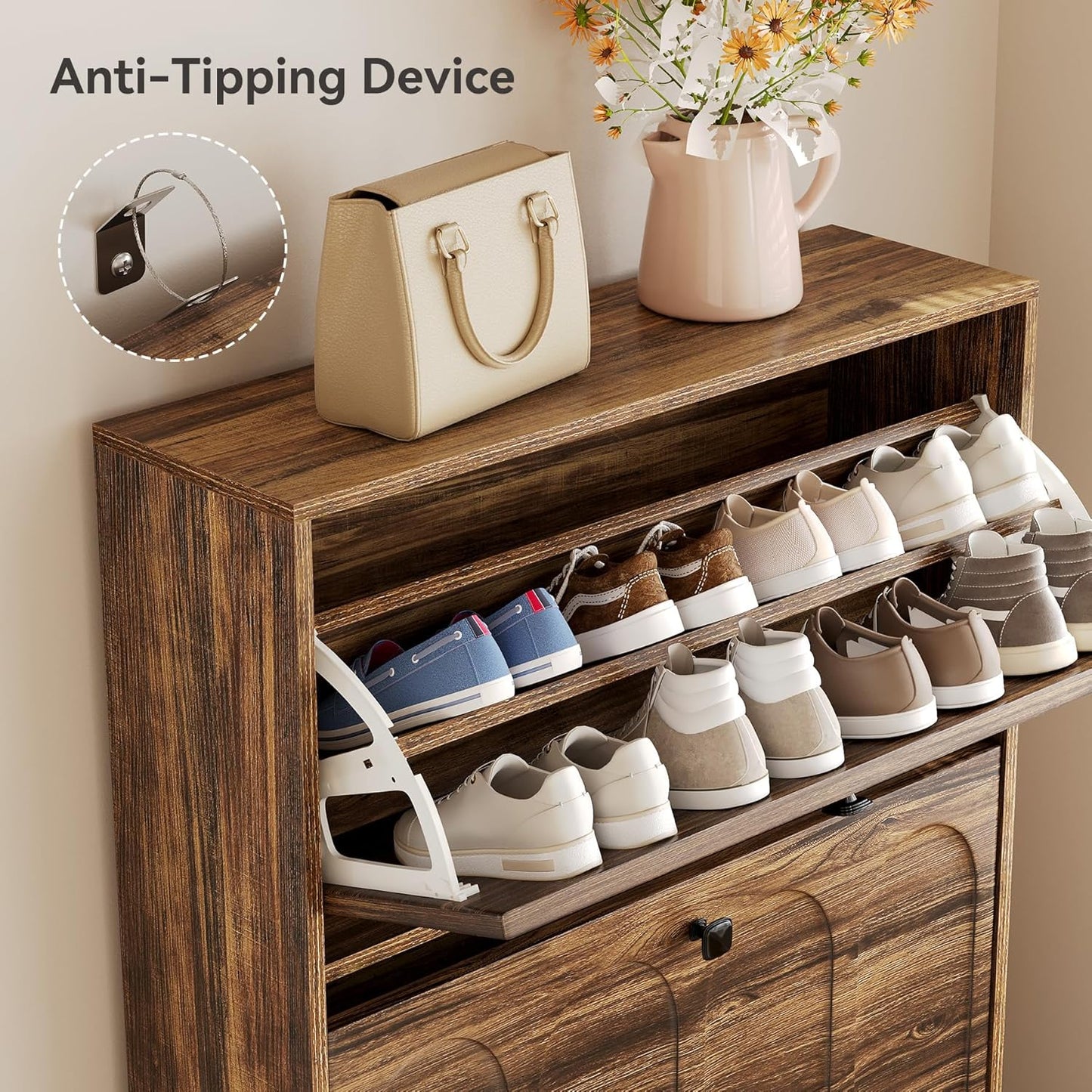 LITTLE TREE Shoe Cabinet Storage for Entryway with 2 Flip Drawers, Narrow Hidden Freestanding Organizer, Skinny Farmhouse Shoes Closet with Rack, for Entryway,Hallway, Living Room,Rustic Brown