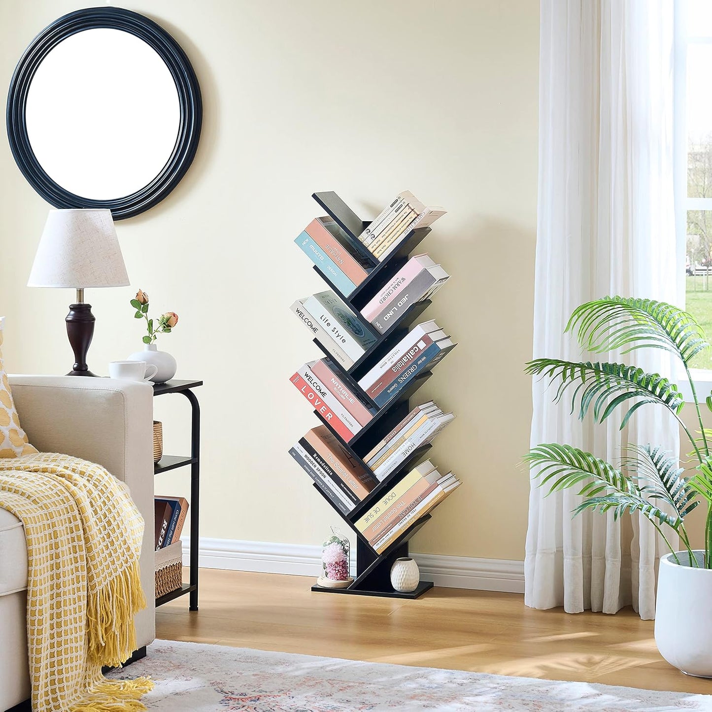 Hoctieon 10 Tier Tree Bookshelf, 10 Shelf Bookcase, Free Standing Tree Bookcase, Display Floor Standing Shelf for Books, Book Organizer Shelves for Home Office, Living Room, Bedroom, Black