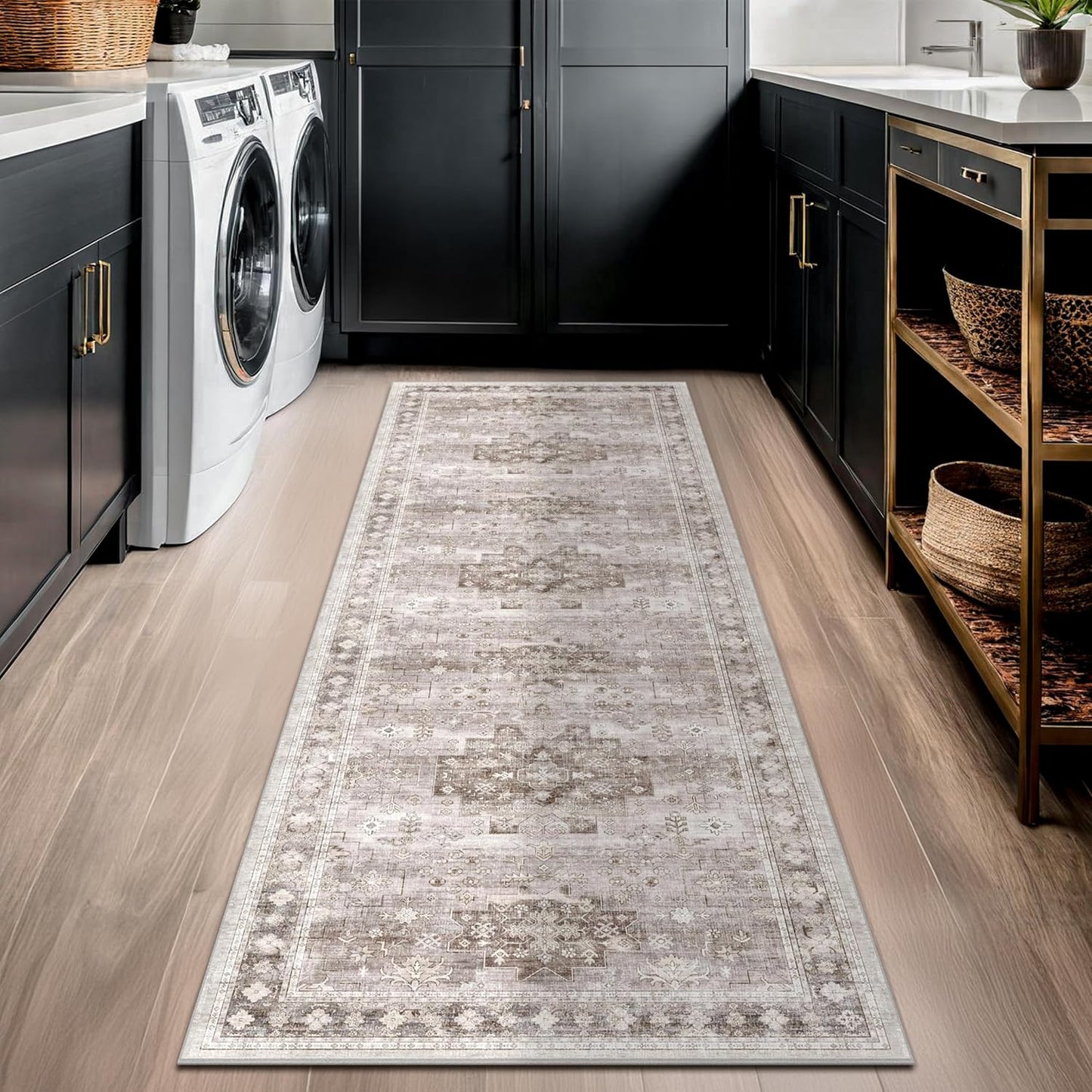 Boho Bathroom Rug 2x5 Runner, Neutral Farmhouse Kitchen Rugs, Small Throw Runners for Laundry Room Bedroom, Vintage Floral Décor, Non-Slip Low-Pile Washable Stain Resistant Beige Latte