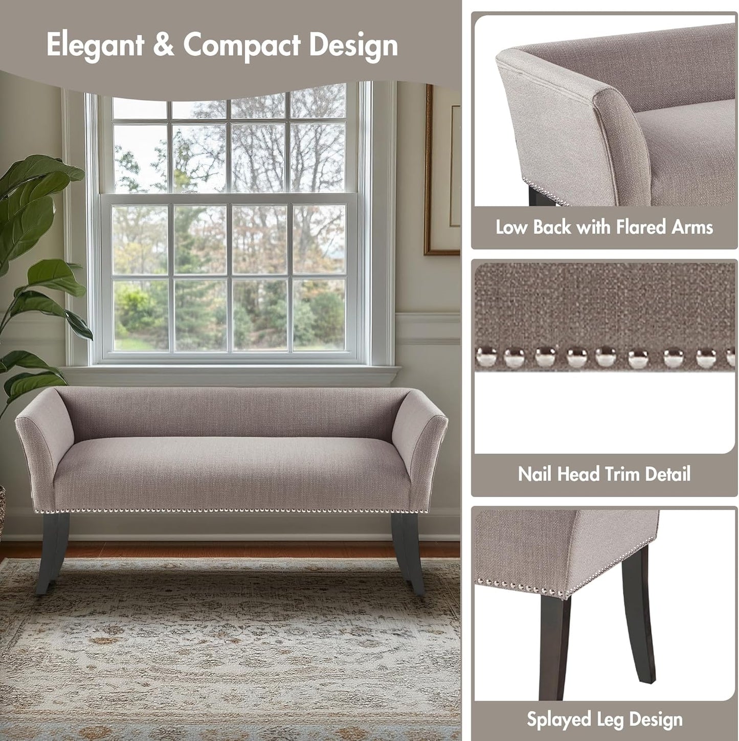 Madison Park Accent Bench, Upholstered with Nailhead Trim, & Padded Seat Entryway Bench Small, End of Bed Bench with Back, 49.5" W x 19.25" D x 23" H, Grey