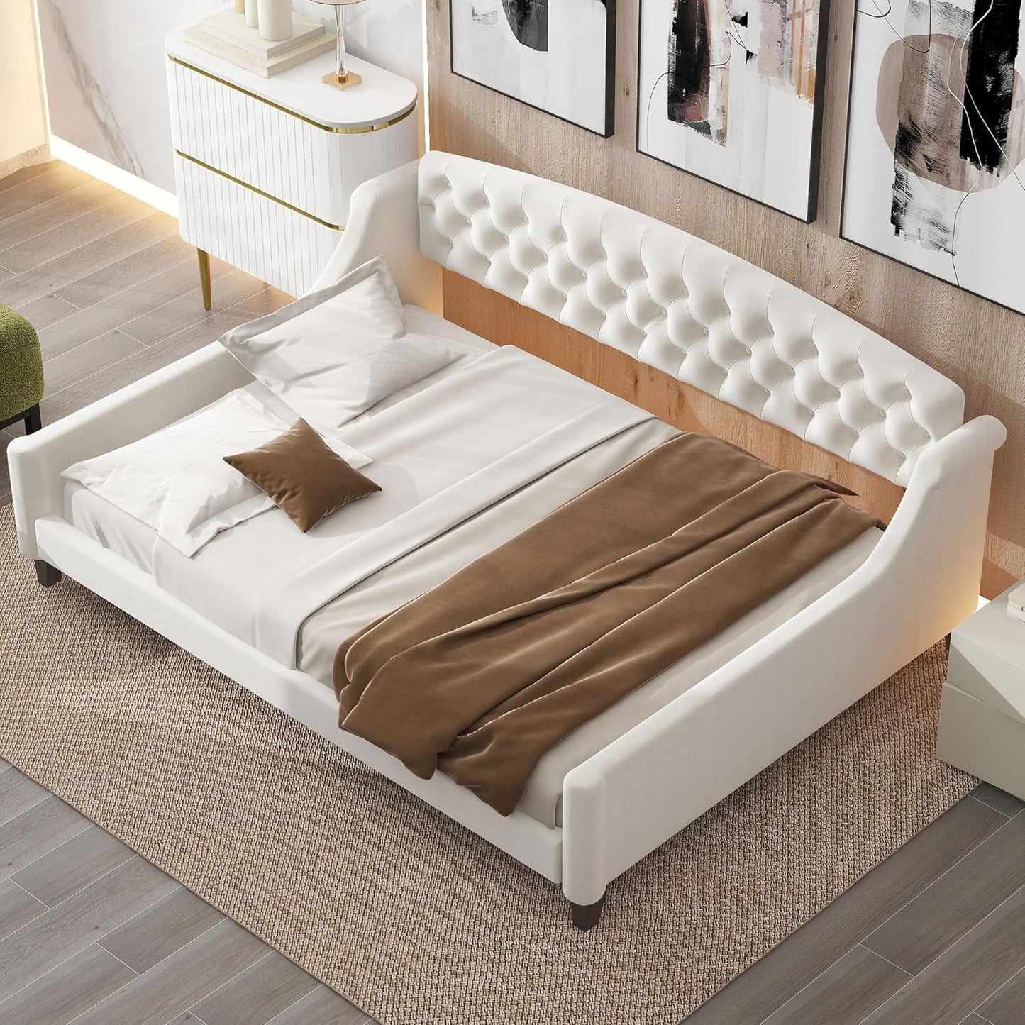 Full Size Modern Luxury Tufted Button Daybed, Stylish Wood Upholstered Day Bed,No Box Spring Required, Easy Assembly,for Bedroom,Living Room and Guest Room,Den,Office,Beige