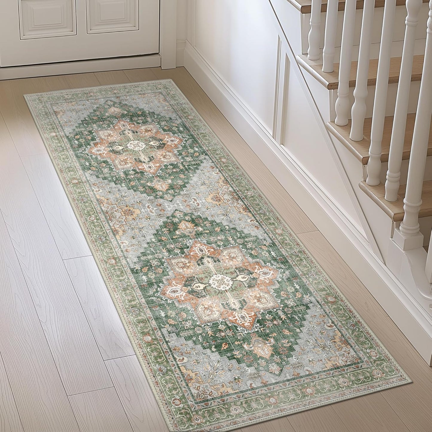 GENIMO 2x10 Runner Rugs for Hallway, Machine Washable Non Slip Vintage Rugs, Low Pile Lightweight Soft Print Rug for enrtyway, Corridor, Home Office, Kitchen,Sage Green