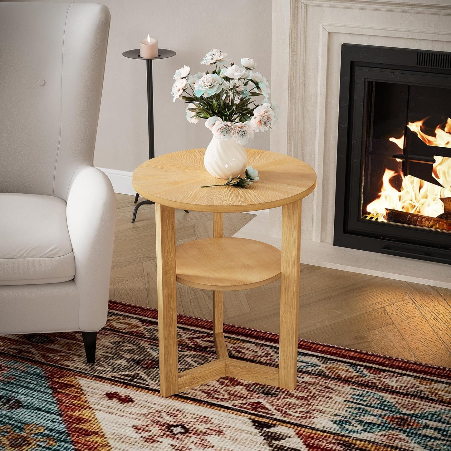 MODERION Round End Table, Rustic Side Tables with Storage Shelf, Classic Circular Solid Wood Beside Table-, 2-Tier Telephone Tables-, Nightstand, 24”H x 19.3”D for Living Room Wood Natural BZ3338OA