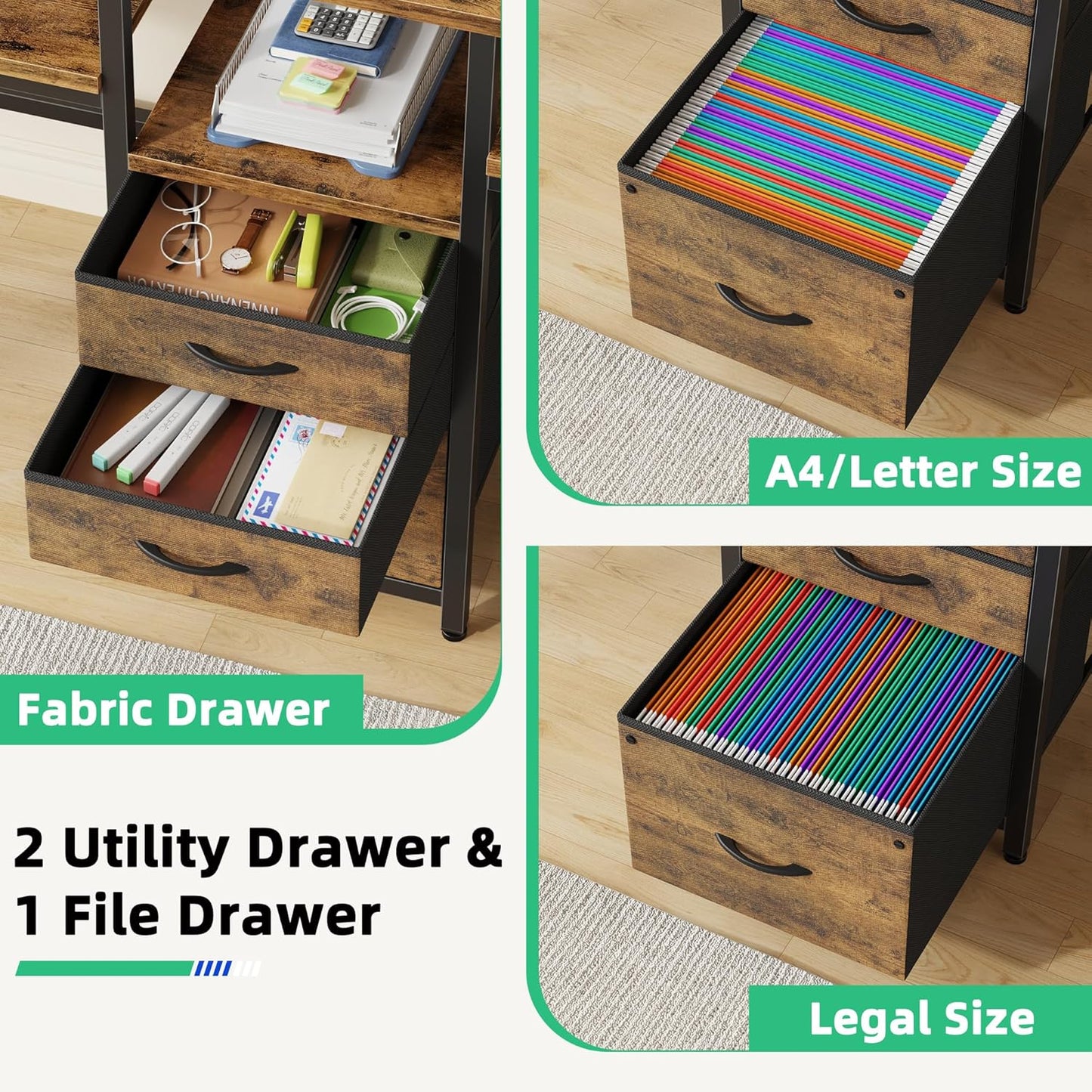 93'' Two Person Desk with Charging Station, Long Desk with 3 Fabric Drawers and Printer Shelf, Double Computer Desk, 2 Person Writing Study Table Workstation for Home Office, Rustic Brown