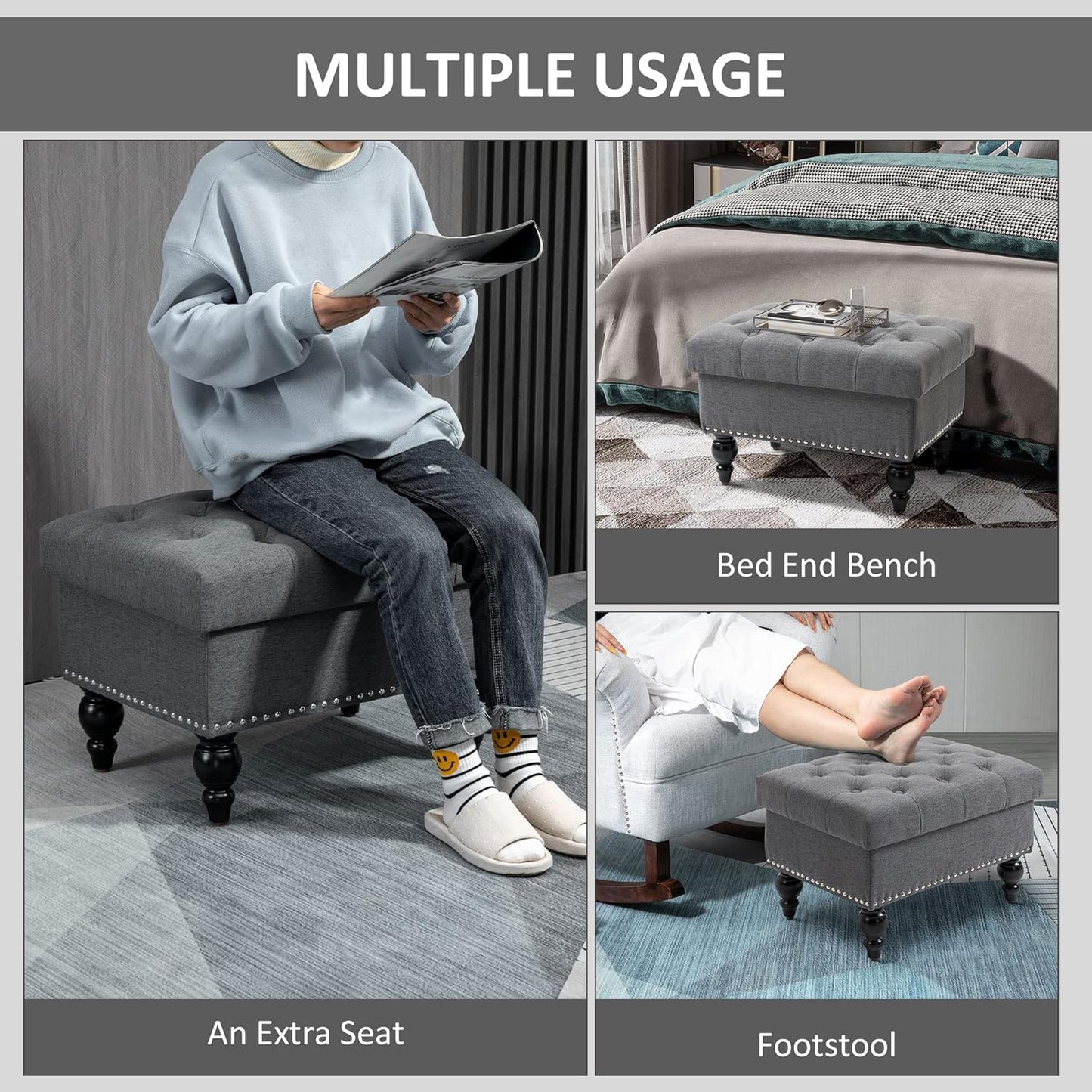 HOMCOM Ottoman with Storage for Living Room, 25" Storage Ottoman with Removable Lid, Button-Tufted Fabric Bench for Footrest and Seat with Wood Legs, Gray
