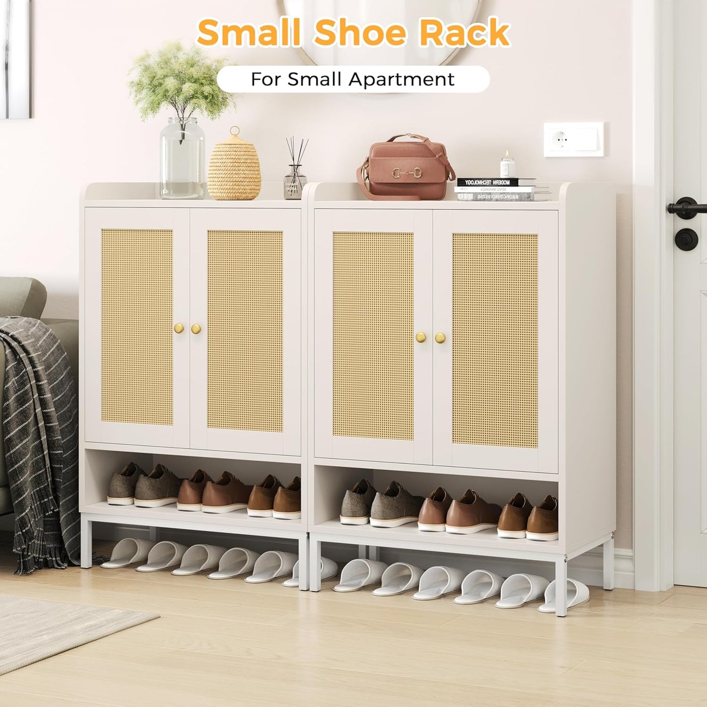 Rattan Shoe Cabinet Storage for Entryway, Shoe Cabinet with Adjustable Shelves for Entryway, 5-Tier, 20 Pair Shoe Rack Storage for Hallway, Closet, Living Room, White