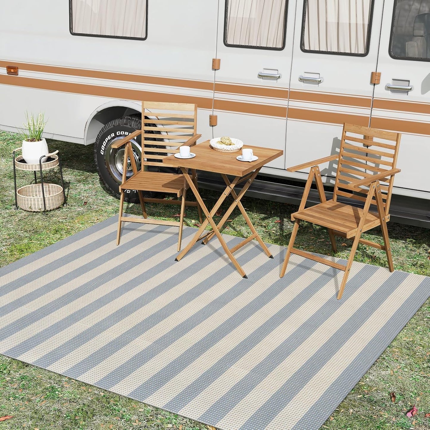 OJIA Striped Outdoor Area Rug 5'x7' Outdoor Rug, Washable Patio Rug Farmhouse Cotton Woven Bedroom Rugs Indoor Outdoor Rugs Living Room Carpet for Dining Room Deck Backyard Camping (Blue/White/Tan)