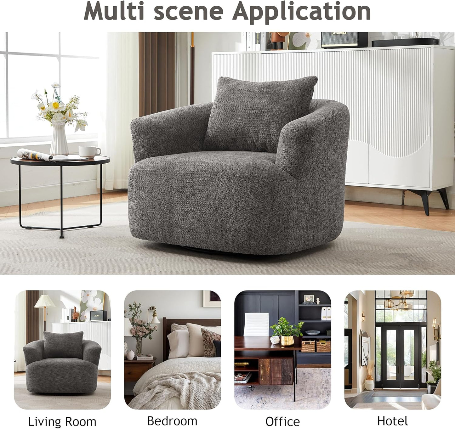 Merax Modern 360° Chenille Swivel Barrel Chair with A Throw Pillow & Armrest, Upholstered Cozy Single Round Sofa with Deep Seating for Living Room Bedroom,Office, Hotel, Easy Assemble, Grey
