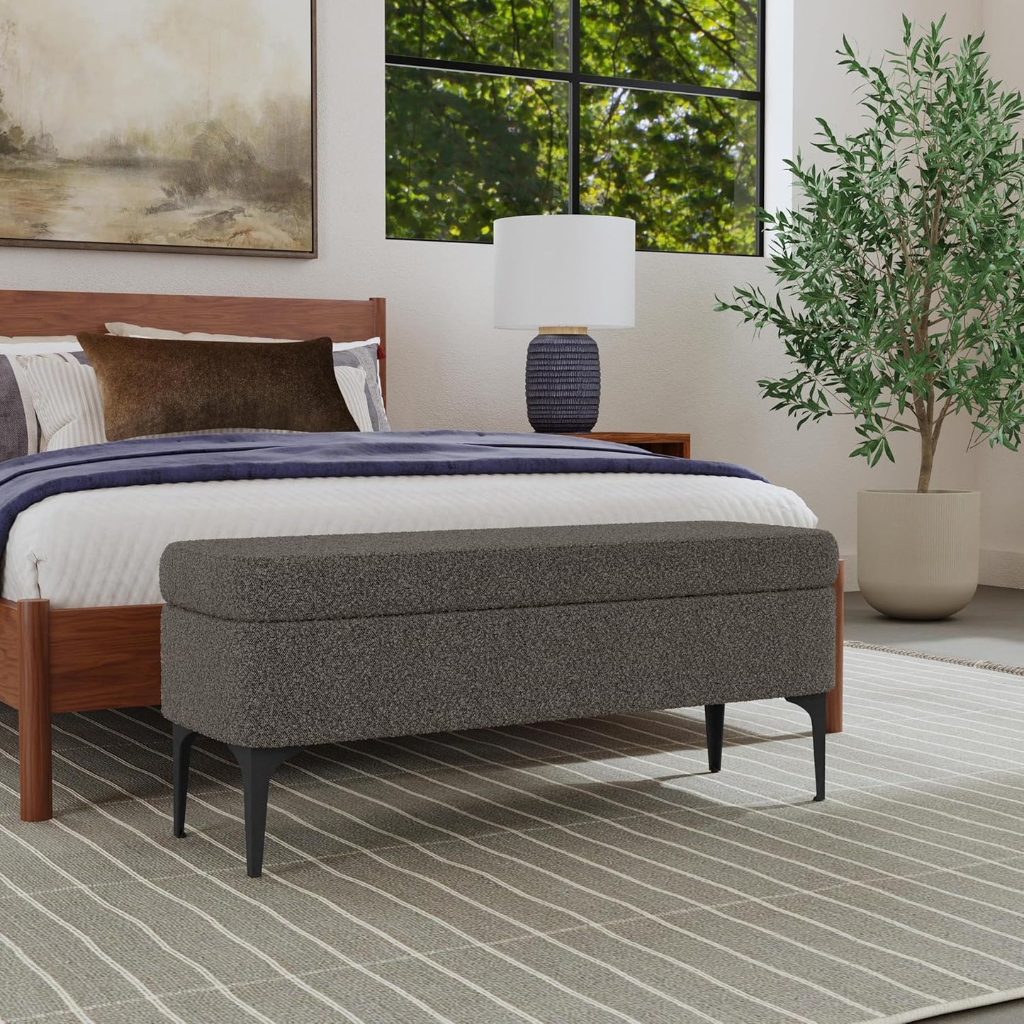 HomePop Upholstered Storage Bench with Metal Leg Home Décor|Bench with Storage for Living Room & Entryway - Dark Brown Boucle