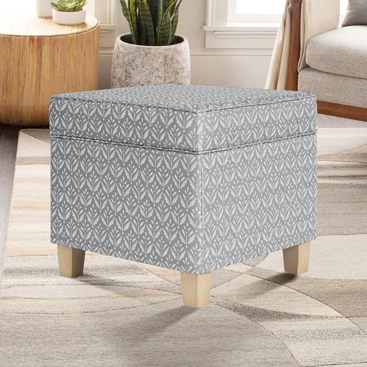 HomePop Home Decor | K7342-A873 | Classic Square Storage Ottoman with Lift Off Lid | Ottoman with Storage for Living Room & Bedroom, Light Grey Print, Large