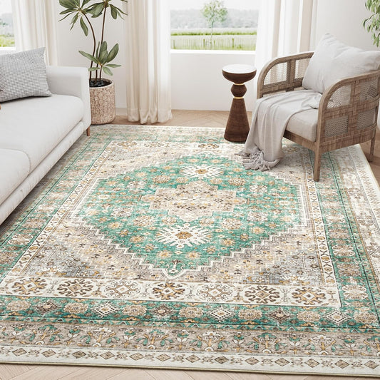 zesthome 6x9 Area Rug, Super Soft Washable Rugs for Living Room, Non-Slip Stain Resistant Vintage Rugs, Ultra-Thin Large Area Rugs (Green/Brown,6'x9')