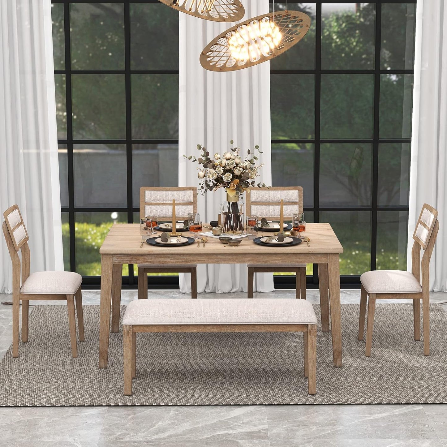 Ball & Cast 6 Piece Dining Table Set with 4 Upholstered Chairs & 1 Bench,Wooden Living Room Furniture W/ 60" Rectangle Kitchen Desk,for Restaurant,Home Bistro,Natural Wood Wash