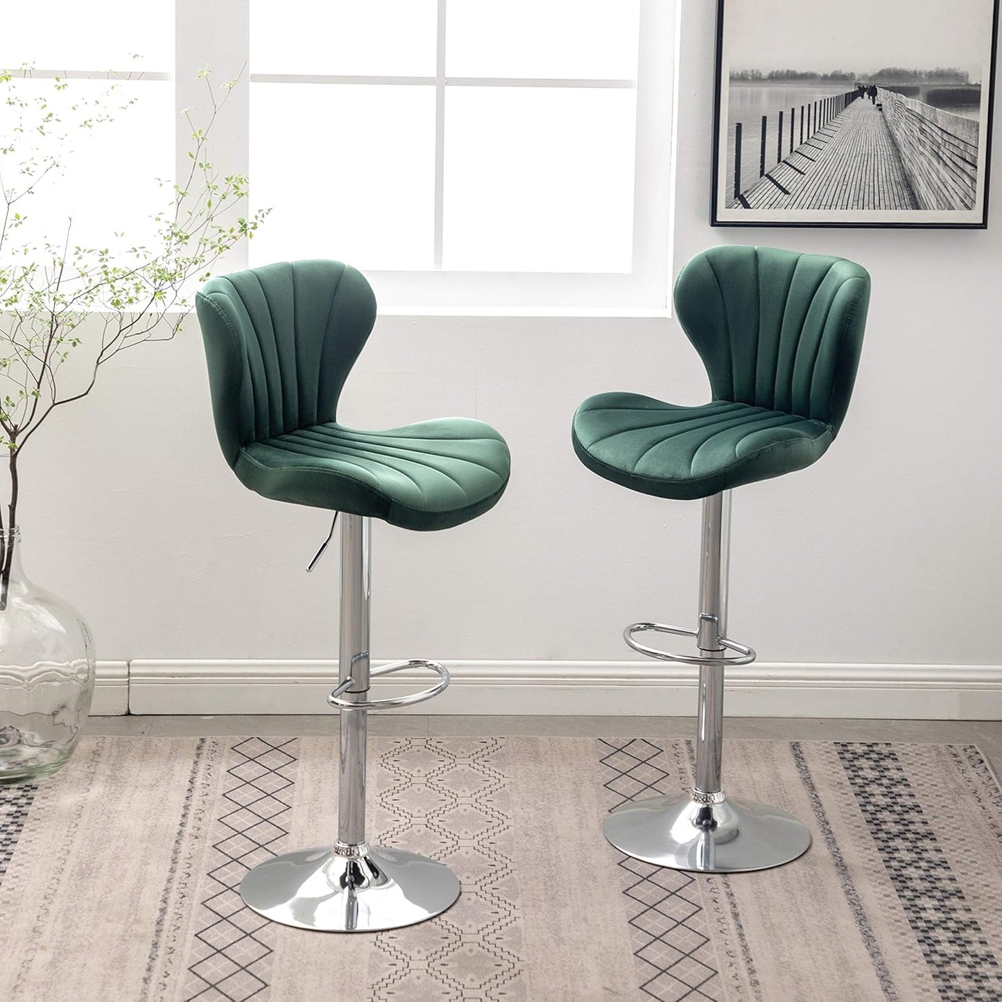 Roundhill Furniture Ellston Velvet Adjustable Swivel Barstools in Green, Set of 2