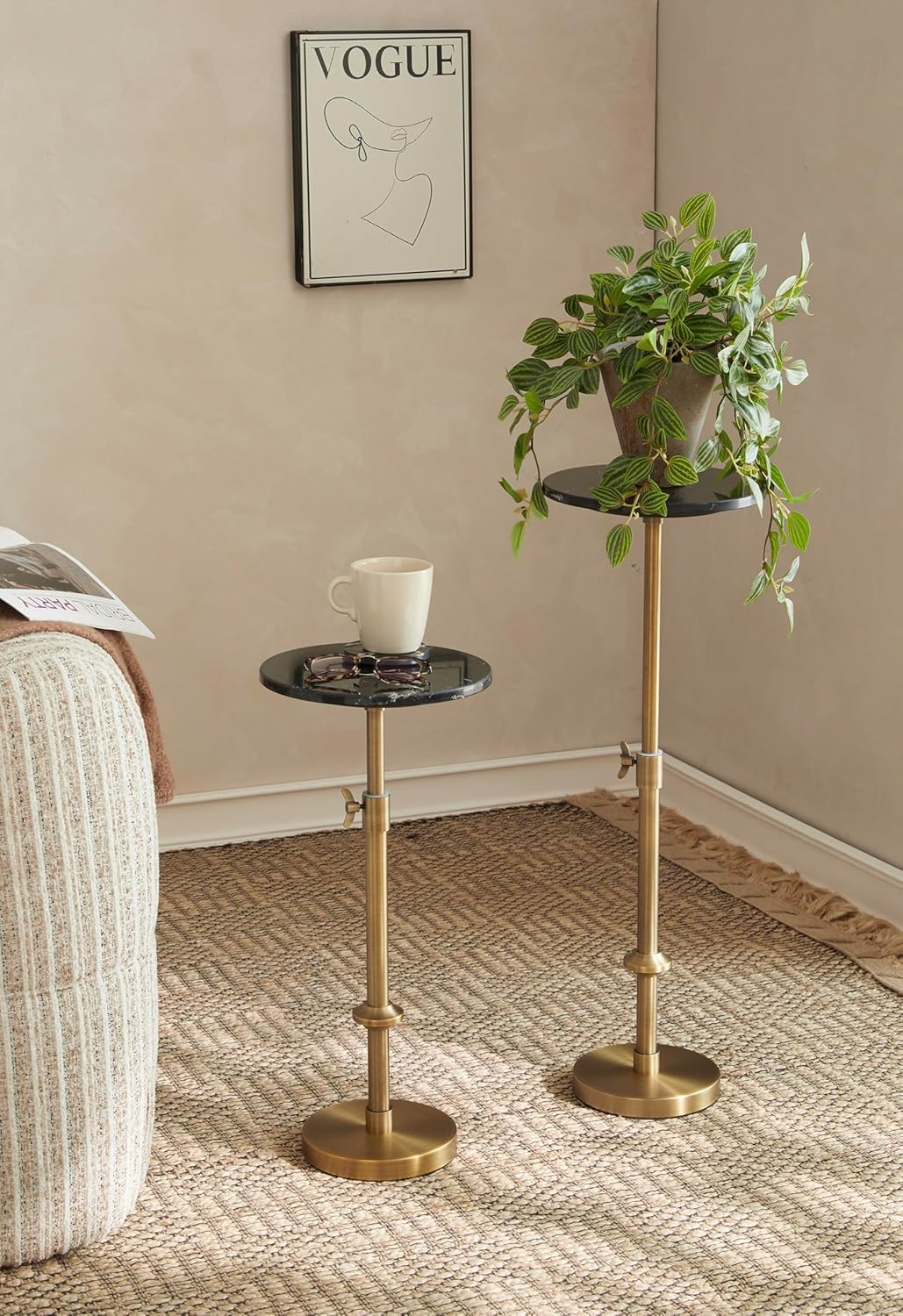 Adjustable-Height Marble Drink Table - 10x10x22-30, Black Marble & Antique Brass, Modern Round End Table, Side Table with Pedestal Stand for Small Spaces, Vintage Metal Martini Cocktail Accent