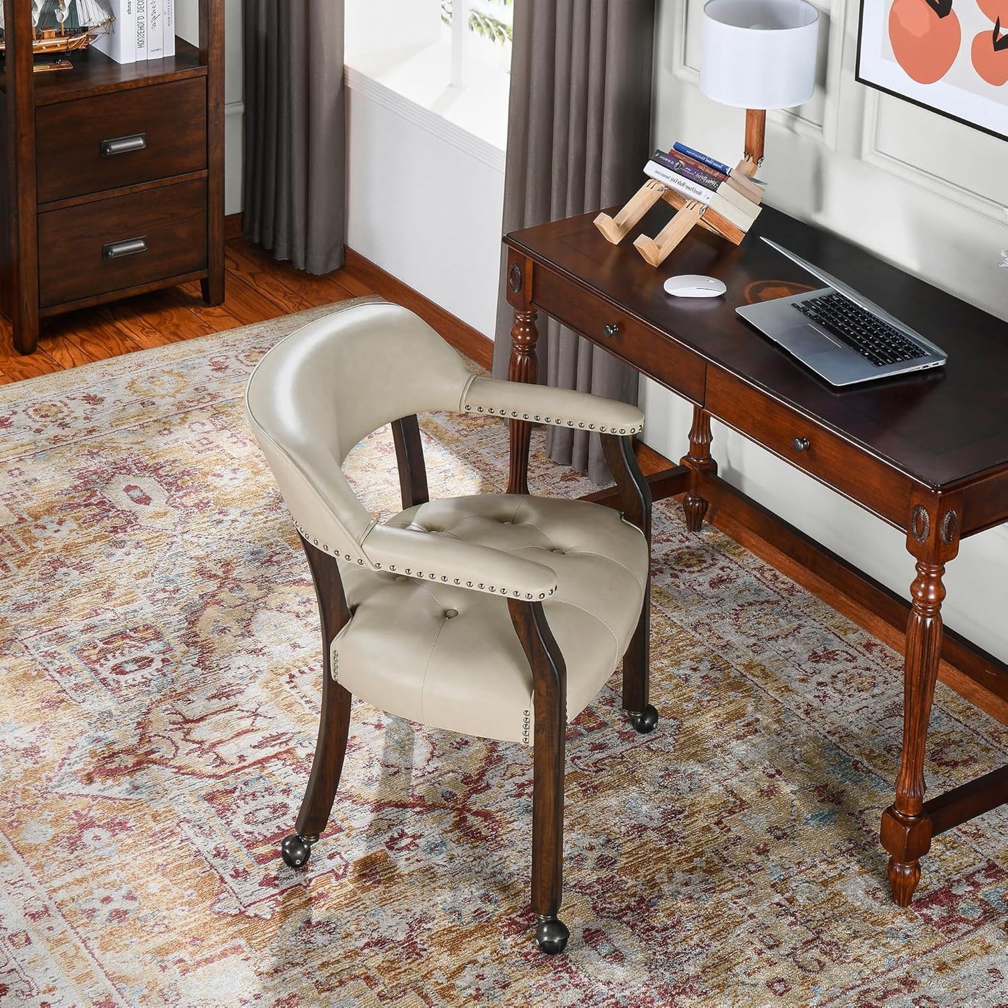 LEEMTORIG Large Dining Chairs with Casters and Arms, Rolling Dining Chairs with Wheels, Solid Wood Office Desk Chairs, 26“Dx25.2 Wx31.5“H, Espresso Legs & Beige PU, XXY-1910-BG