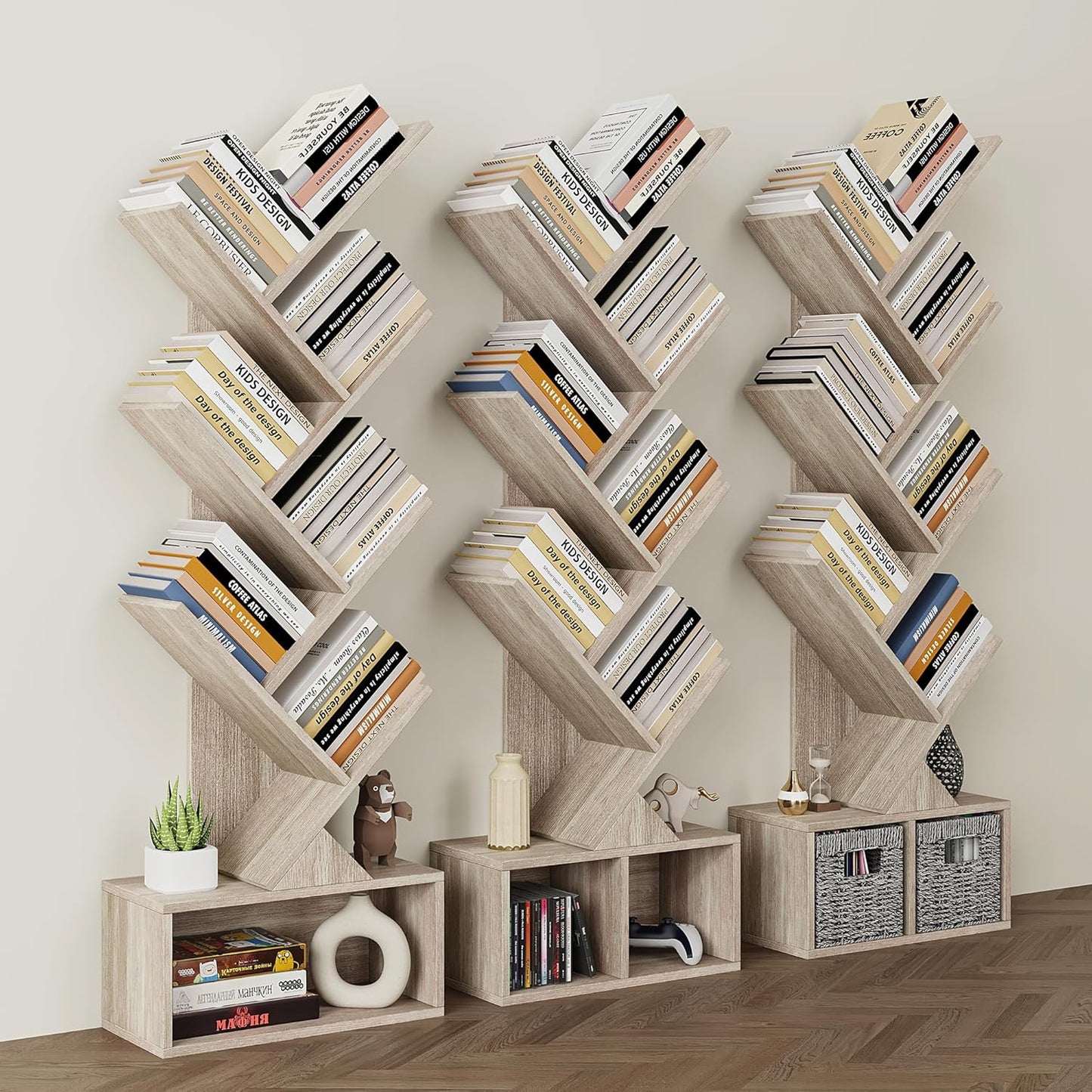 Vagusicc 6 Tier Tree Bookshelf, Small Bookcase with Storage Cabinet, Modern Tall Narrow Bookshelves Organizer, Floor Standing Book Shelf for Bedroom/Living Room/Home Office/Corner, Rustic Greige