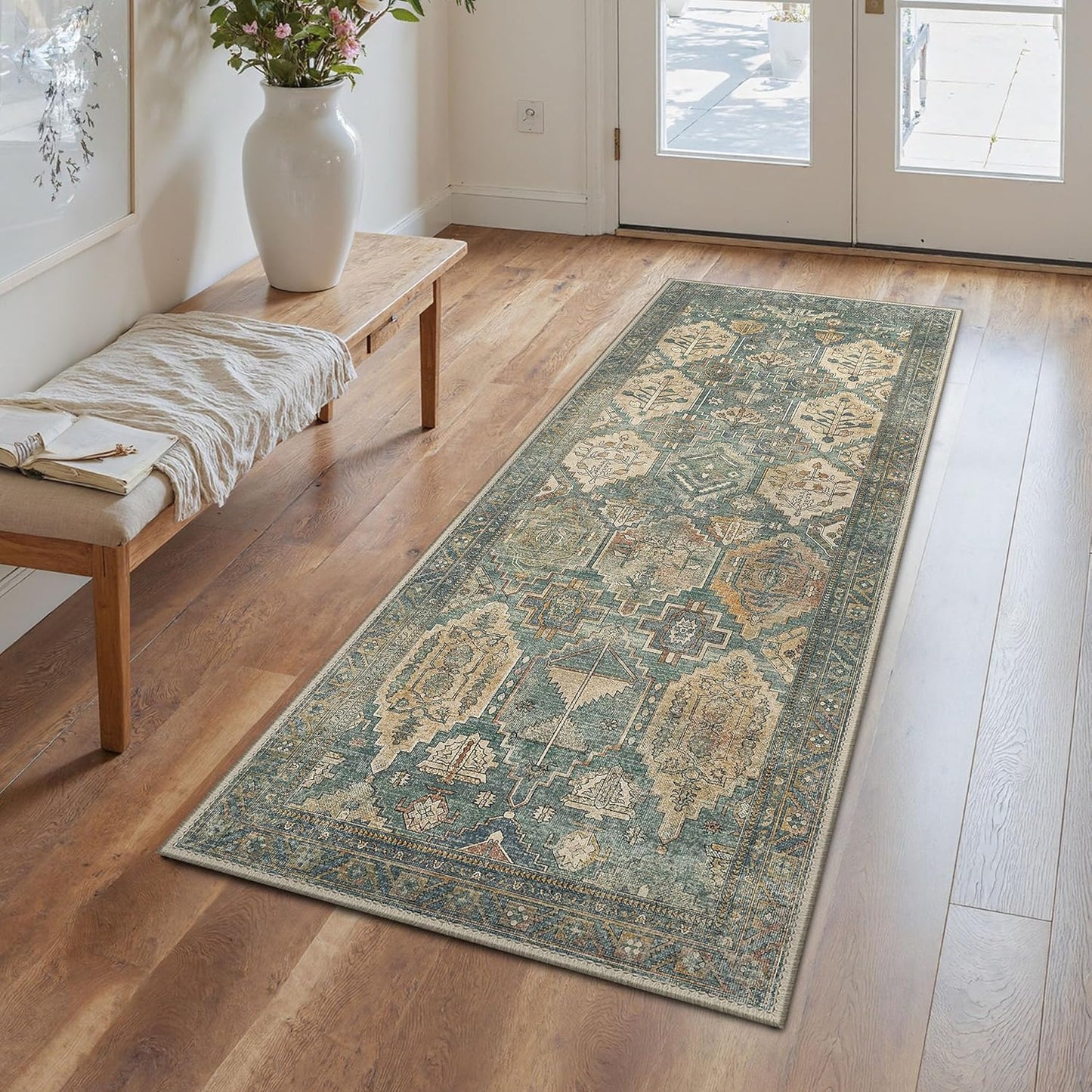 GENIMO 2x5 Runner Rugs for Hallway, Machine Washable Non Slip Vintage Rugs, Low Pile Lightweight Soft Print Rug for enrtyway, Corridor, Home Office, Kitchen, Sage Teal