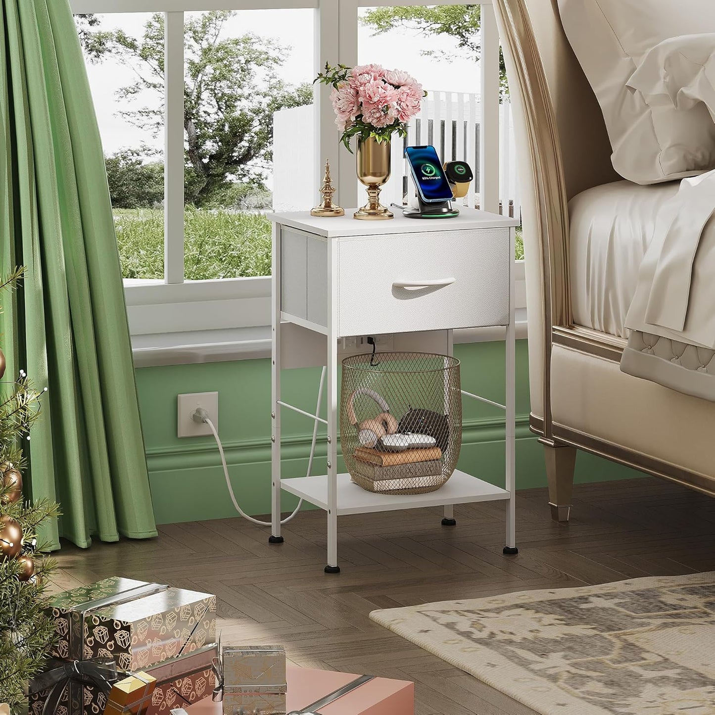 WLIVE Nightstand with Charging Station, 25" H Nightstand with 1 Fabric Drawer and Open Wood Shelf, Bed Side Table for Bedroom, 2-Tier Storage End Table, Small Dresser for Dorm, Entryway, White