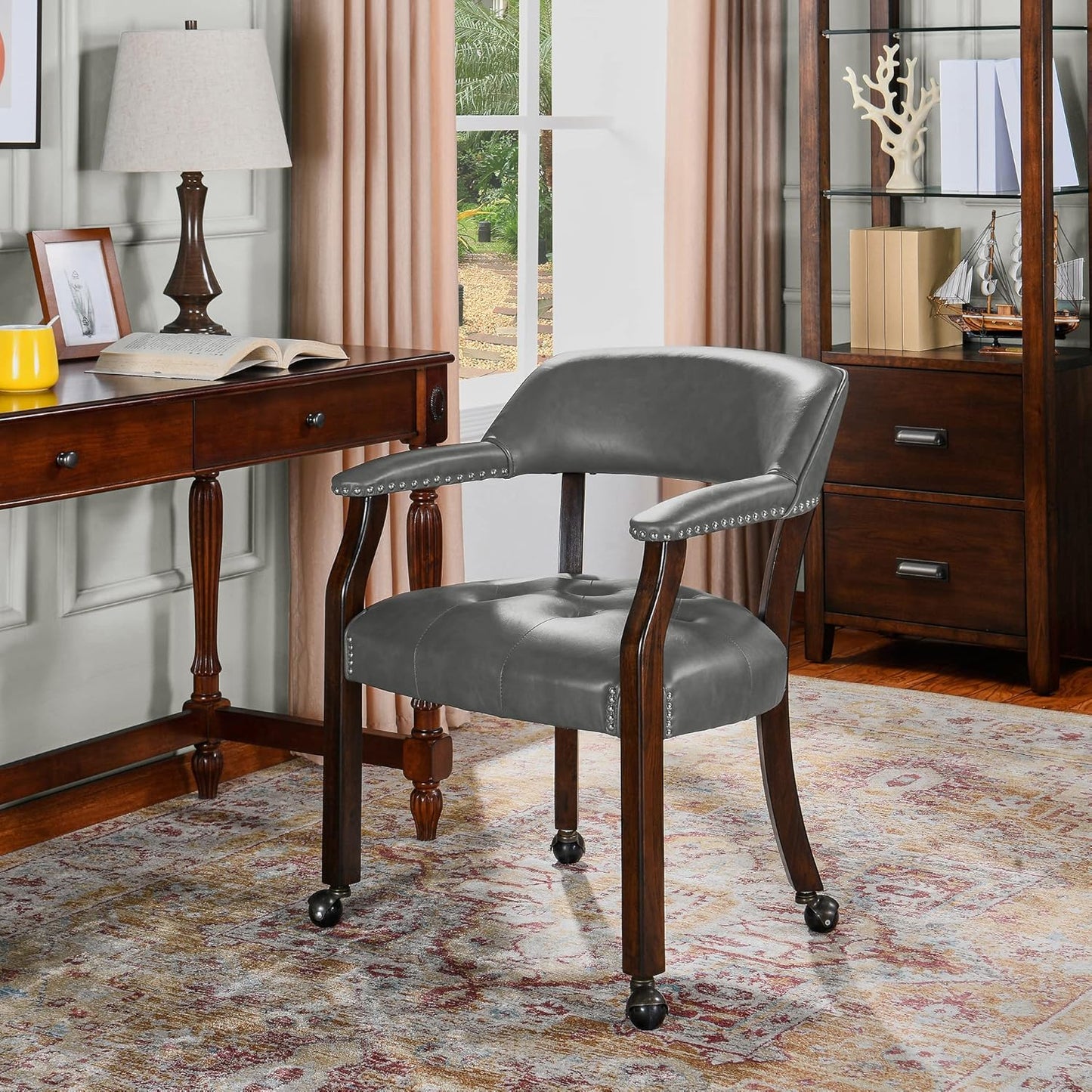 LEEMTORIG Dining Chairs with Casters and Arms, Rolling Dining Chairs with Wheels, Game Poker Table Chairs, Solid Wood Boss Caption's Chairs Office Desk Chairs, Espresso Legs & Dark Grey, XXY-1910-DG