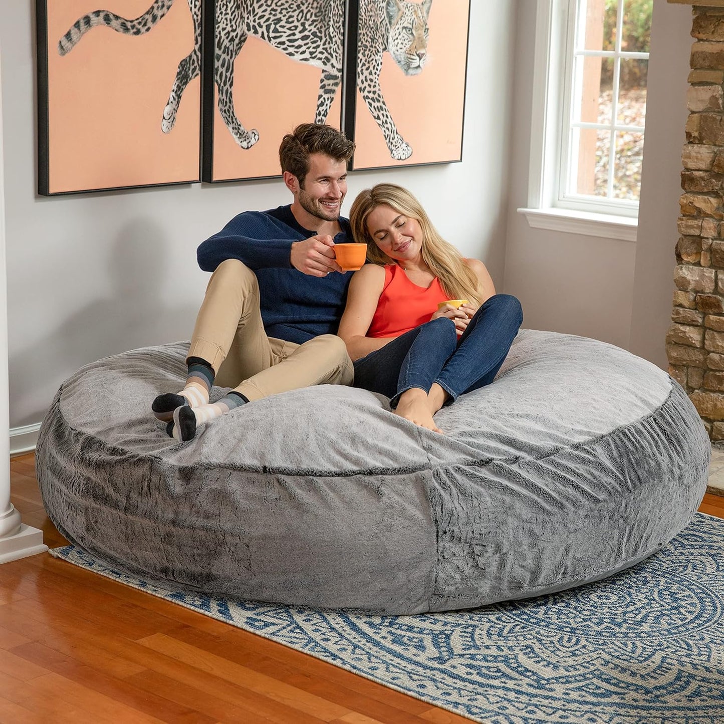 Jaxx 6 Foot Cocoon - 2-in-1 Convertible Bean Bag Bed & Large Bean Bag Chair for Adults - Premium Faux Fur, Grey Wolf