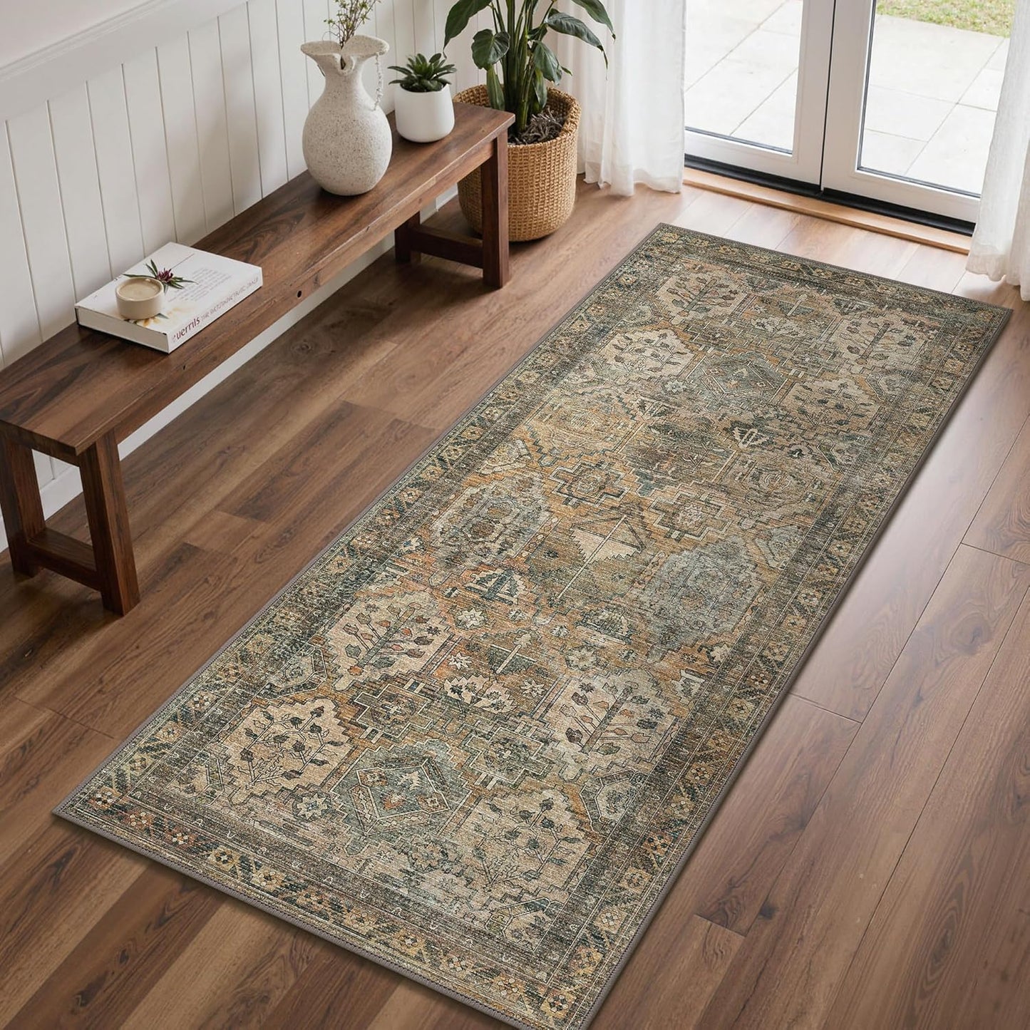 GENIMO 2x10 Runner Rugs for Hallway, Machine Washable Non Slip Vintage Rugs, Low Pile Lightweight Soft Print Rug for enrtyway, Corridor, Home Office, Kitchen, Warm Taupe