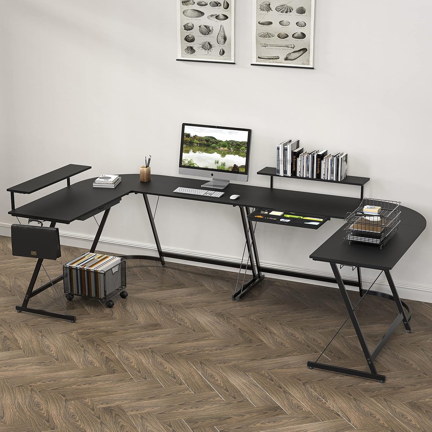 SHW 51 x 51 Inches Vista L-Shaped Desk with Monitor Stand and Drawer, Black