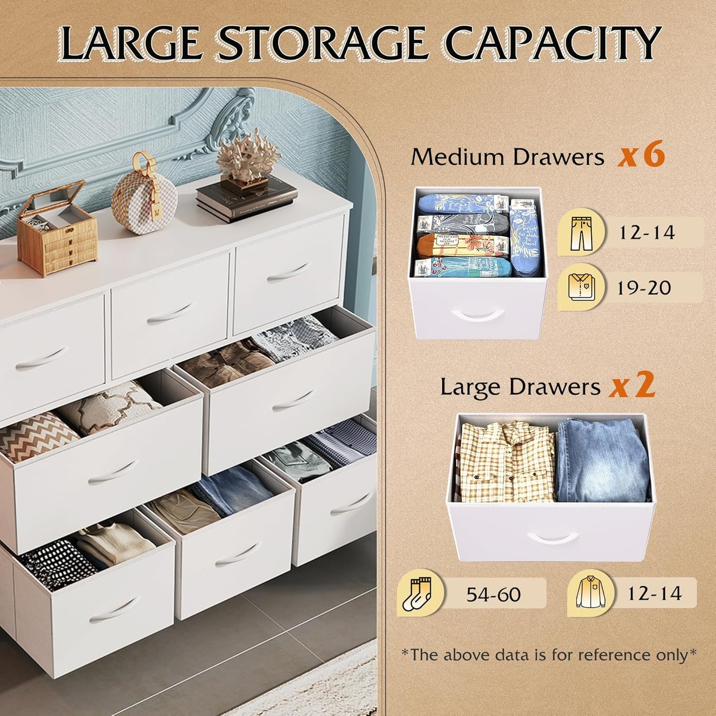 WLIVE 8 Drawer Dresser for Bedroom, Fabric White Dresser with Large Storage Drawer Unit for Entryway, Chest of Drawers for Living Room