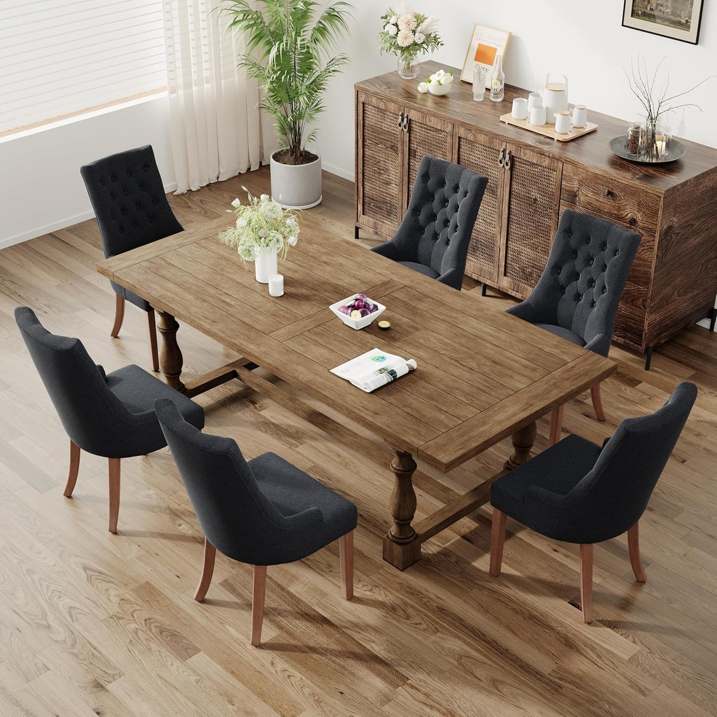 COLAMY Fabric Side Dining Chairs Set of 6, Wingback Upholstered Dining Room Chairs with Tufted Button, Living Room Chairs for Home Kitchen, Black