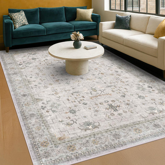 Boho Light Grey Living Room Rug 7x9 - Modern Eclectic Floral Paste Neutral Taupe, Washable Low Pile Non-Slip Large Area Rugs for Dining Under Table, Bedroom Under Bed