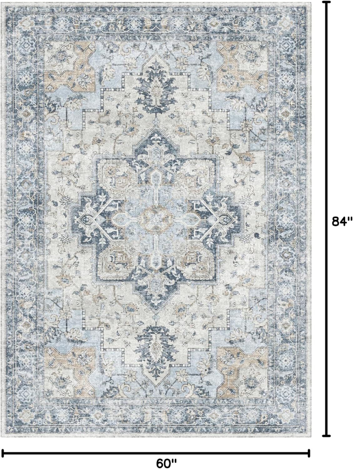 GENIMO 5x7 Area Rugs for Living Room, Machine Washable Rug, Non Slip Vintage Rugs, Low Pile Lightweight Chenille Print Indoor Rug for Bedroom, Dining Room, Home Office, Blue