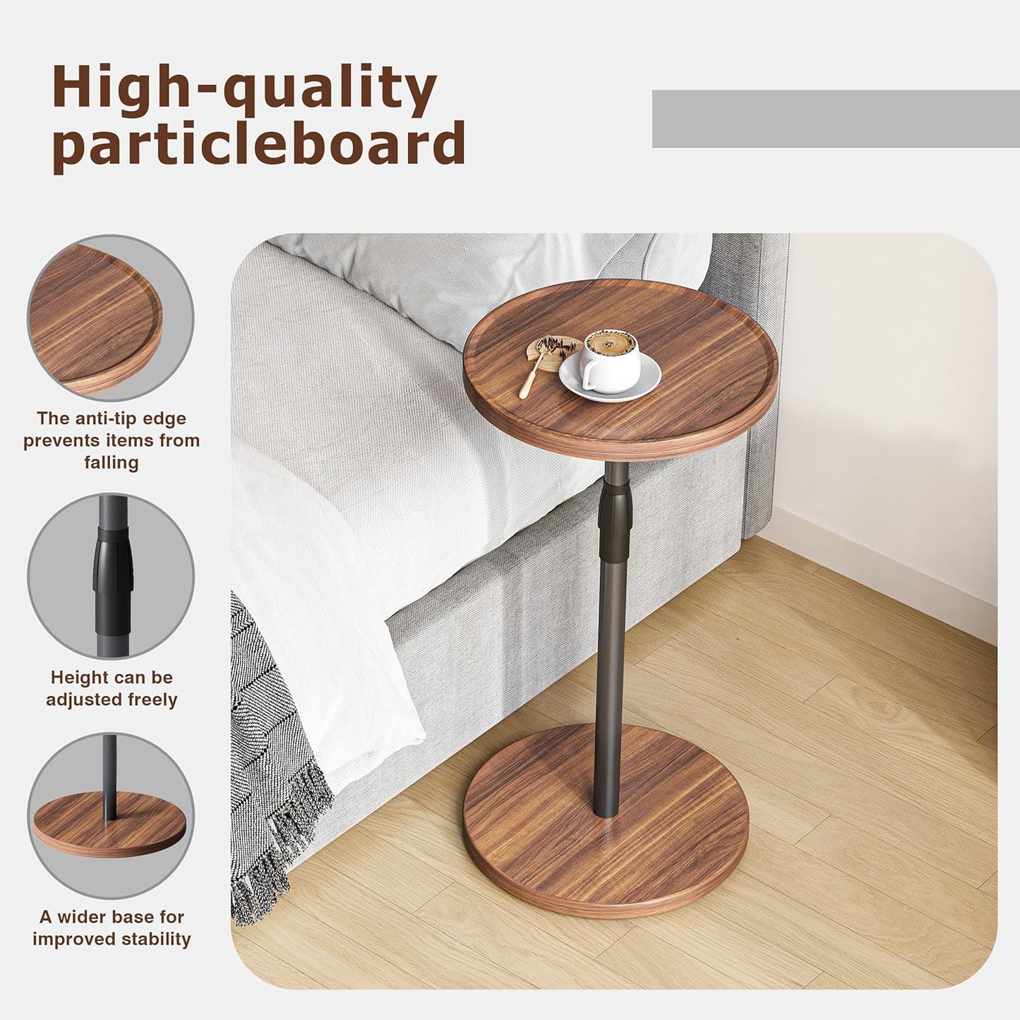 Adjustable End Table, Small Round Side Table, Drink Table for Small Spaces, Pedestal Nightstand for Living Room, Bedroom, Sofa Couch, Brown ET-010BR