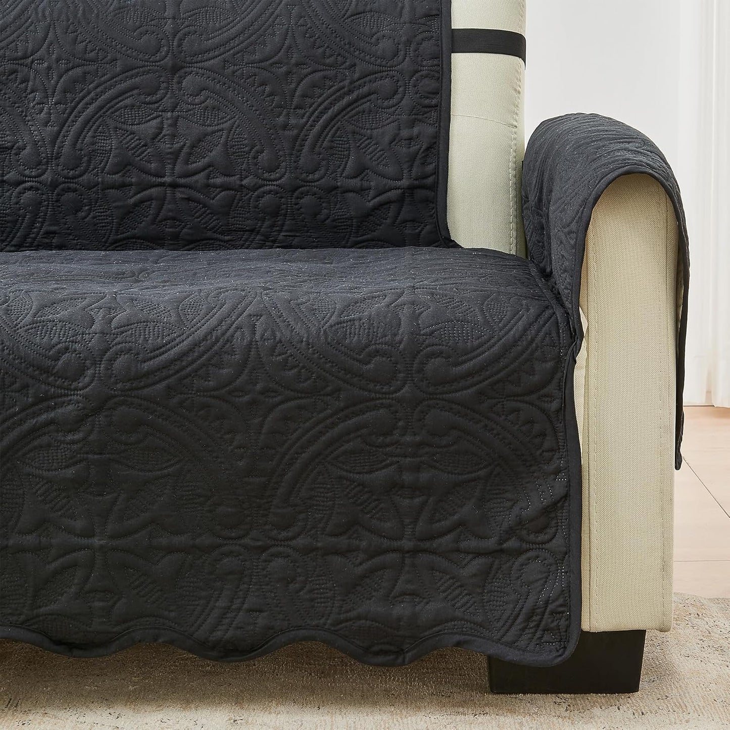 Great Bay Home Reversible Sofa Cover - Washable Slipcover Furniture Protector with Elastic Straps - Couch Cover for Dogs, Kids, and Pets - Quilted & Stitched Detail (Sofa, Black/Taupe)