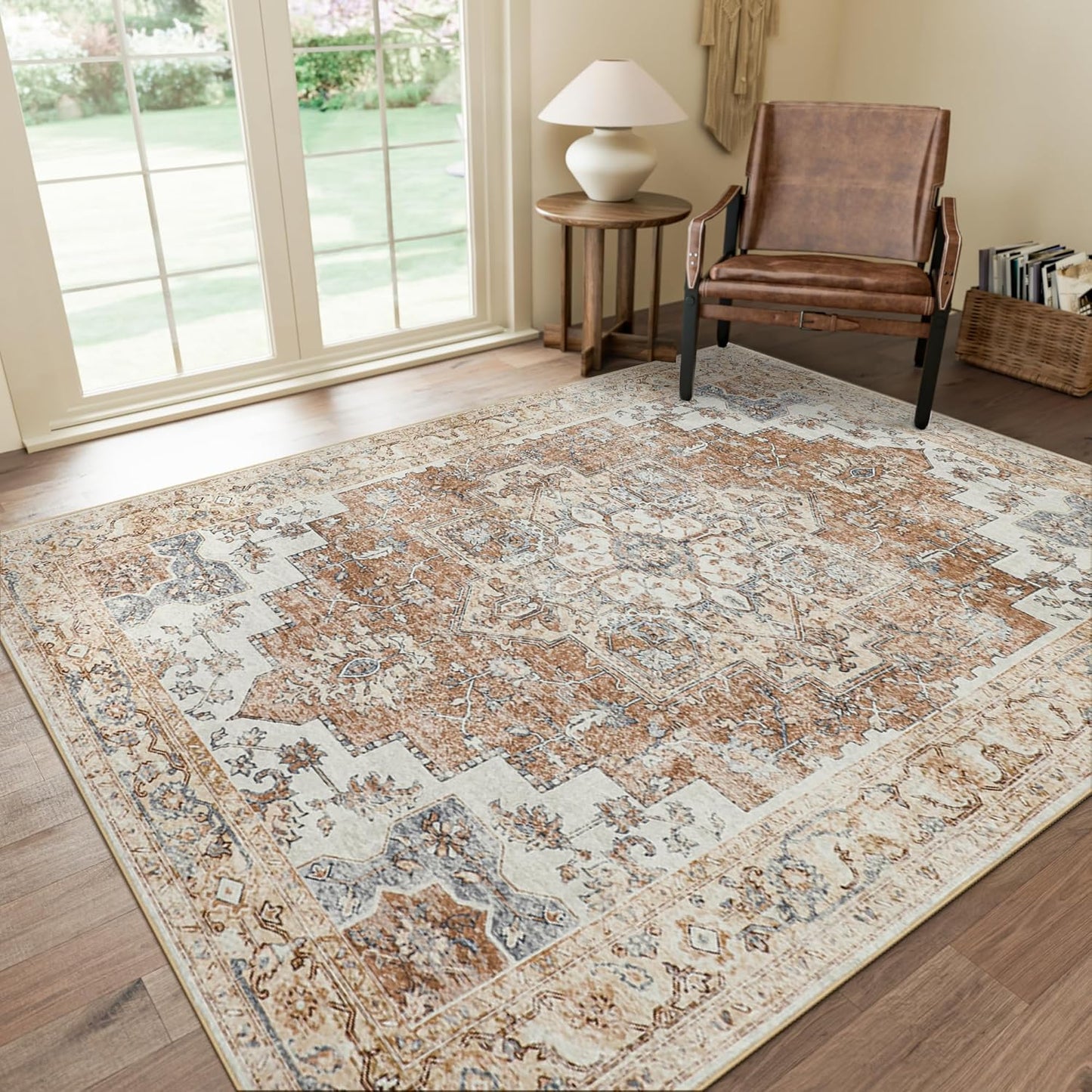 GENIMO 6x9 Area Rugs for Living Room, Non Slip Machine Washable Retro Rugs, Low Pile Chenille Print Rug for Bedroom, Dining Room, Home Office, Orange