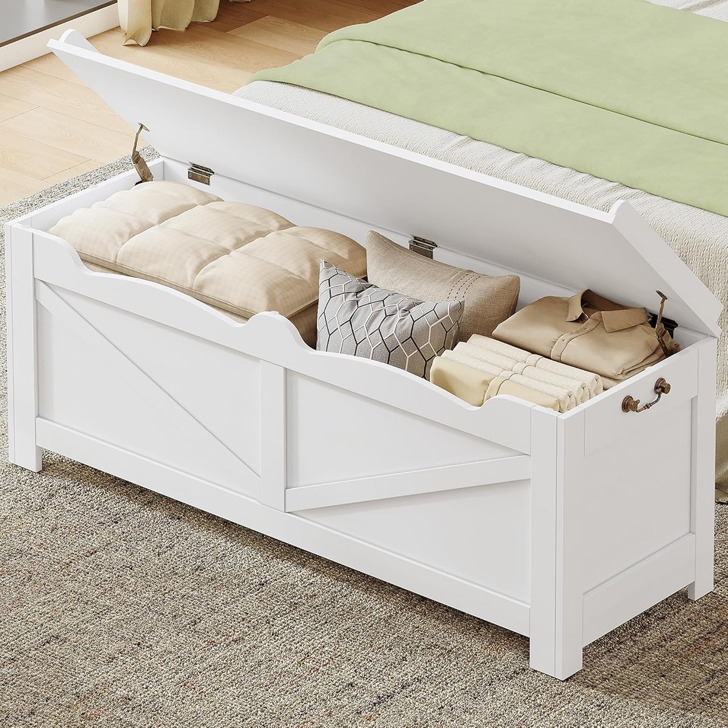 47.2" Storage Chest, Extra Large Storage Trunk with 2 Safety Hinges, Wooden Box Bench, Lift-Top Organizer Chest, Shoe Bench for Entryway, Bedroom, Living Room, White SB14503X