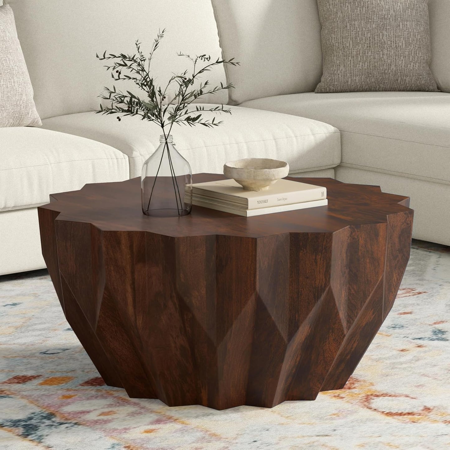 SIMPLIHOME Turnbull Coffee Table - 34 inch Wide Solid Mango Wood Living Room Table in Walnut, Contemporary Sculptural Table for Family Room with Faceted Drum Design and Geometric Cut Edges, Assembled
