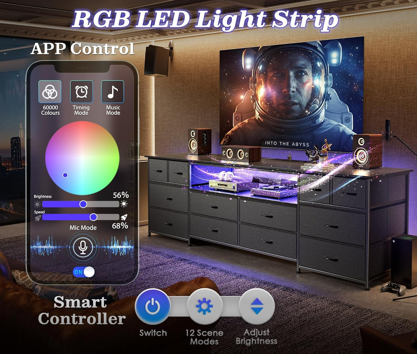 Huuger 70.9 Inch Dresser TV Stand with LED Lights, Power Outlets and USB-C Port, 12 Fabric Drawer Dresser for Bedroom, Wide Entertainment Center for 75, 80 Inch TV, Media Console, Open Shelf, Black