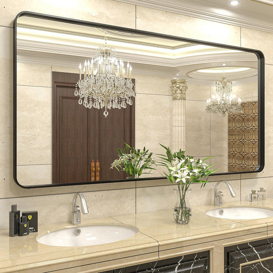 72x36 Black Bathroom Mirror for Wall, Matte Black Framed Bathroom Vanity Mirror, Large Rectangle Mirror, Rounded Corners, Anti-Rust, Shatterproof (Horizontal/Vertical)