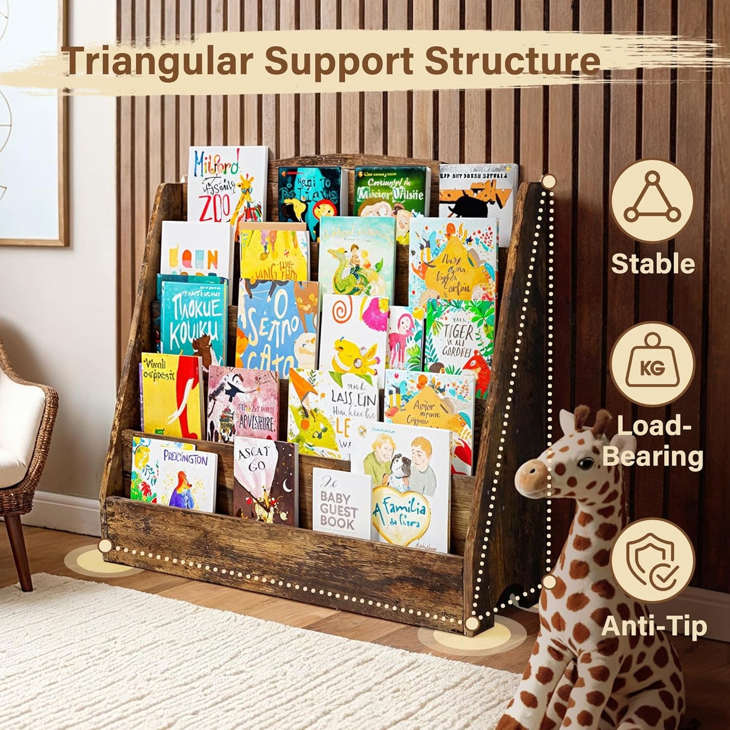 TOETOL 5-Tier Kids Bookshelf - Toddler Book Display Shelves for Classrooms, Playrooms, and Nursery - Wooden Children Book Rack (Rustic Brown)