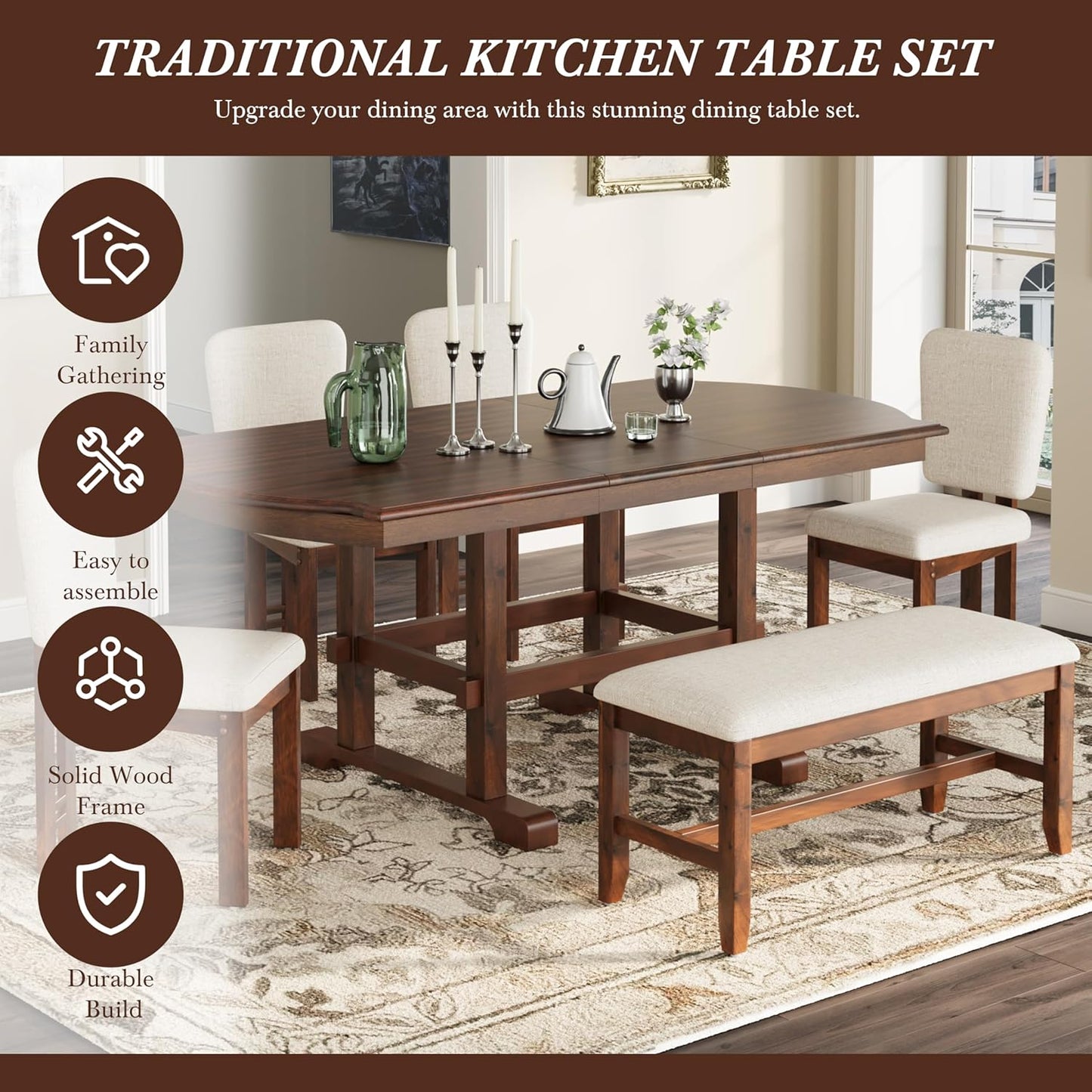 Ball & Cast 6 Pieces 78inch Extendable Wood Dining Table Set with Bench,Traditional Kitchen Table Set w/ 18inch Removable Leaf and 4 Upholstered Dining Chairs,for 5 People Dining Room,Espresso+Beige