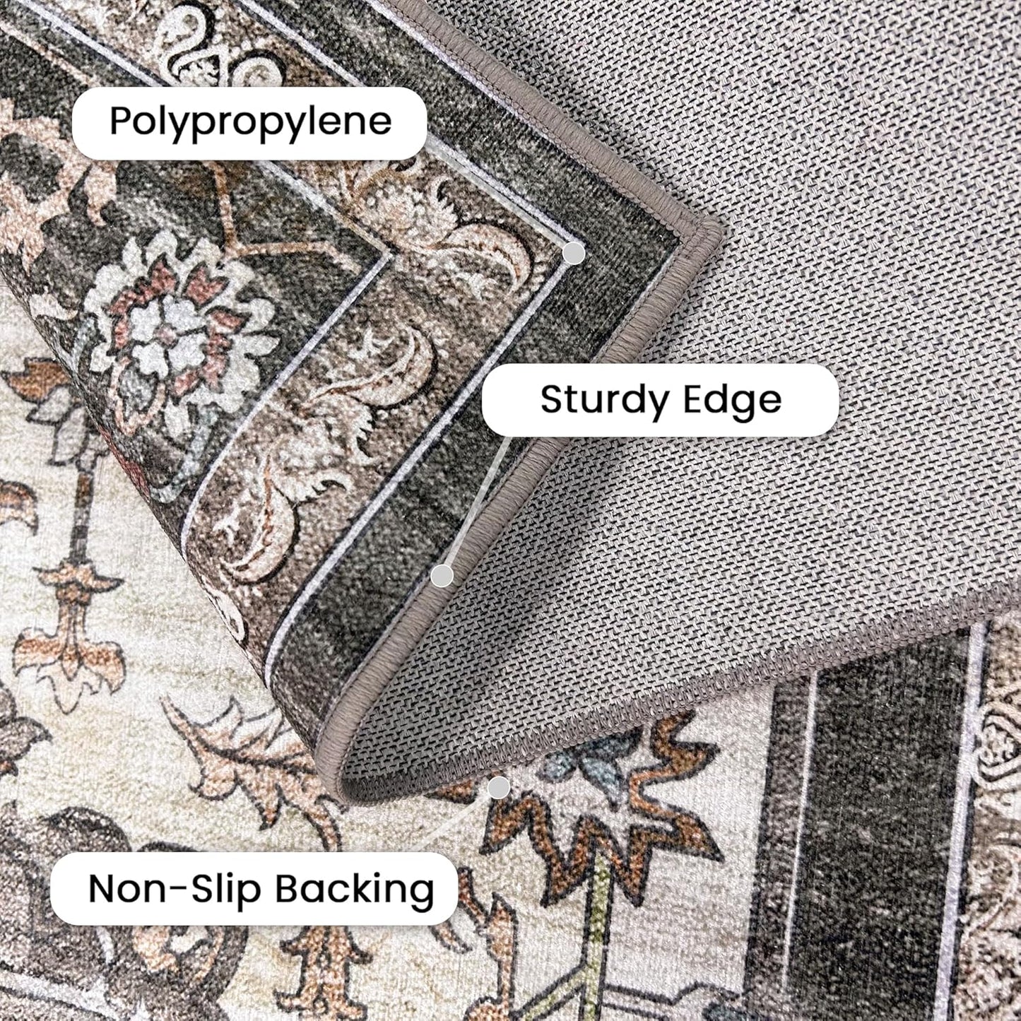 GENIMO 8x10 Area Rugs for Living Room, Machine Washable Non Slip Vintage Rugs, Low Pile Lightweight Chenille Print Rug for Bedroom, Dining Room, Home Office, Slate Gray