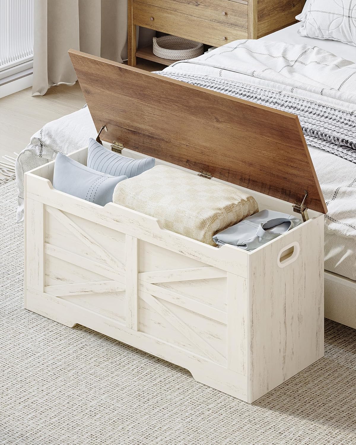 39.4" Storage Chest, Extra Large Storage Trunk with 2 Safety Hinges, Wooden Box Bench, Lift-Top Organizer Chest, Shoe Bench for Entryway, Bedroom, Living Room, White and Brown SB03414X