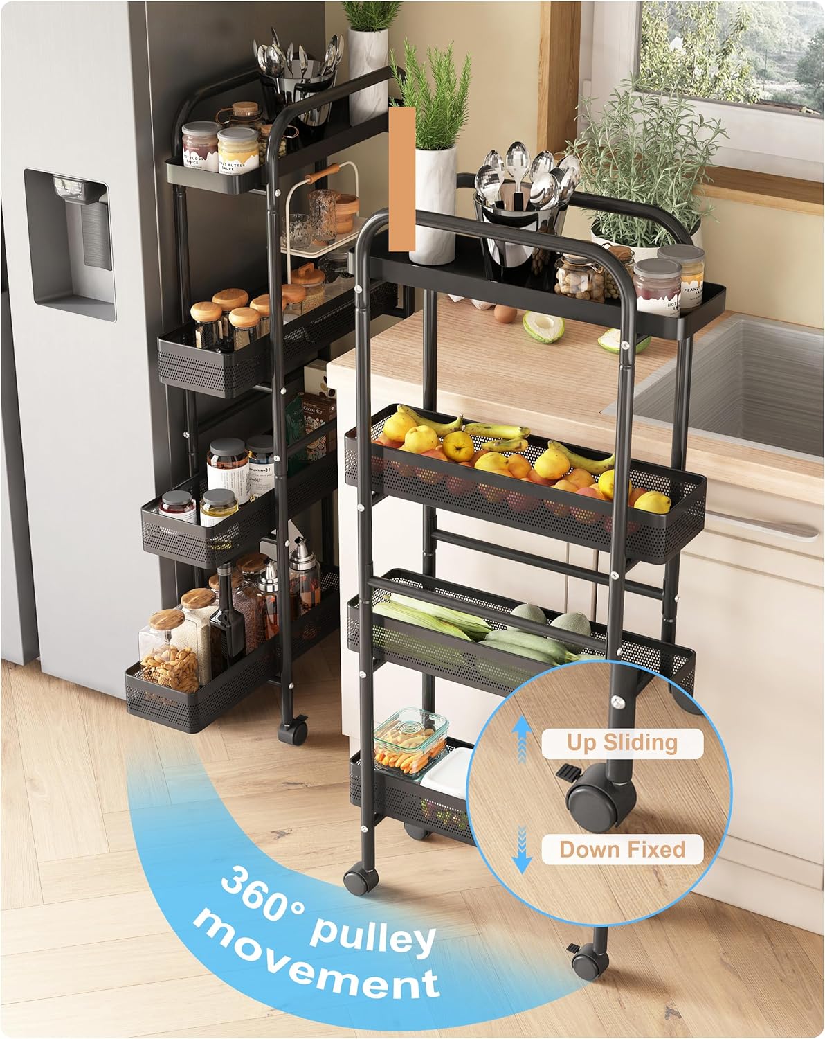 UMDONX Slim Storage Cart 4 Tier with Pull Out Basket Bathroom Organizer Rolling cart, Rolling Utility Cart Slide Out Organizer for Kitchen, Bathroom, Laundry Black