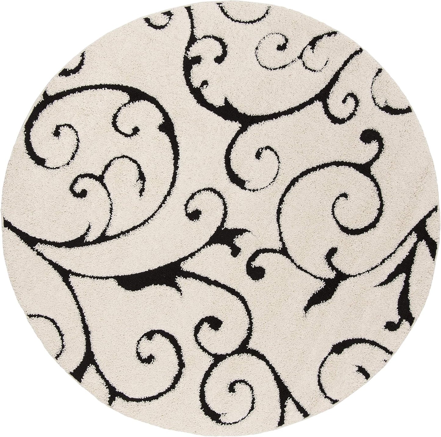 SAFAVIEH Florida Shag Collection 11' Round Ivory / Black SG455 Scrolling Vine Graceful Swirl Textured Non-Shedding Living Room Bedroom Dining Room Entryway Plush 1.2-inch Thick Area Rug