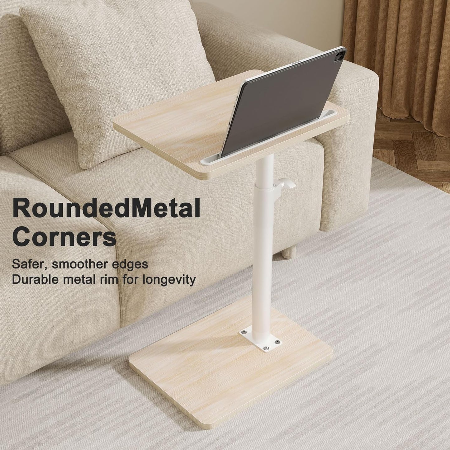 Sofa Armrest Tray Table for Couch - 360° Swivel Height Adjustable End for Small Spaces, Snack Side Table for Bed or Chair with Phone & Tablet Slot (Oak,Standard)