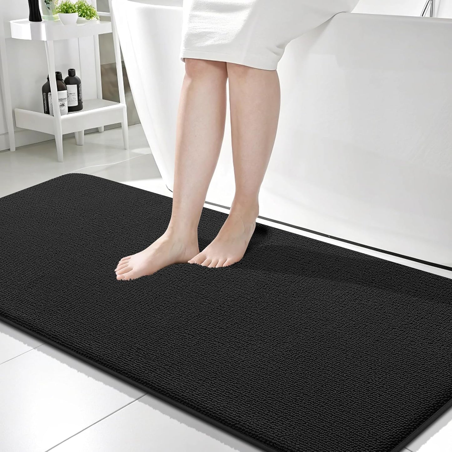 OLANLY Thick Memory Foam Bath Mat Rug 59x24, Extra Soft Absorbent Bathroom Rug, Quick Dry Bath Mats, Non-Slip, Machine Washable Carpet for Bathroom, Tub and Shower, Home Decor Accessories, Black