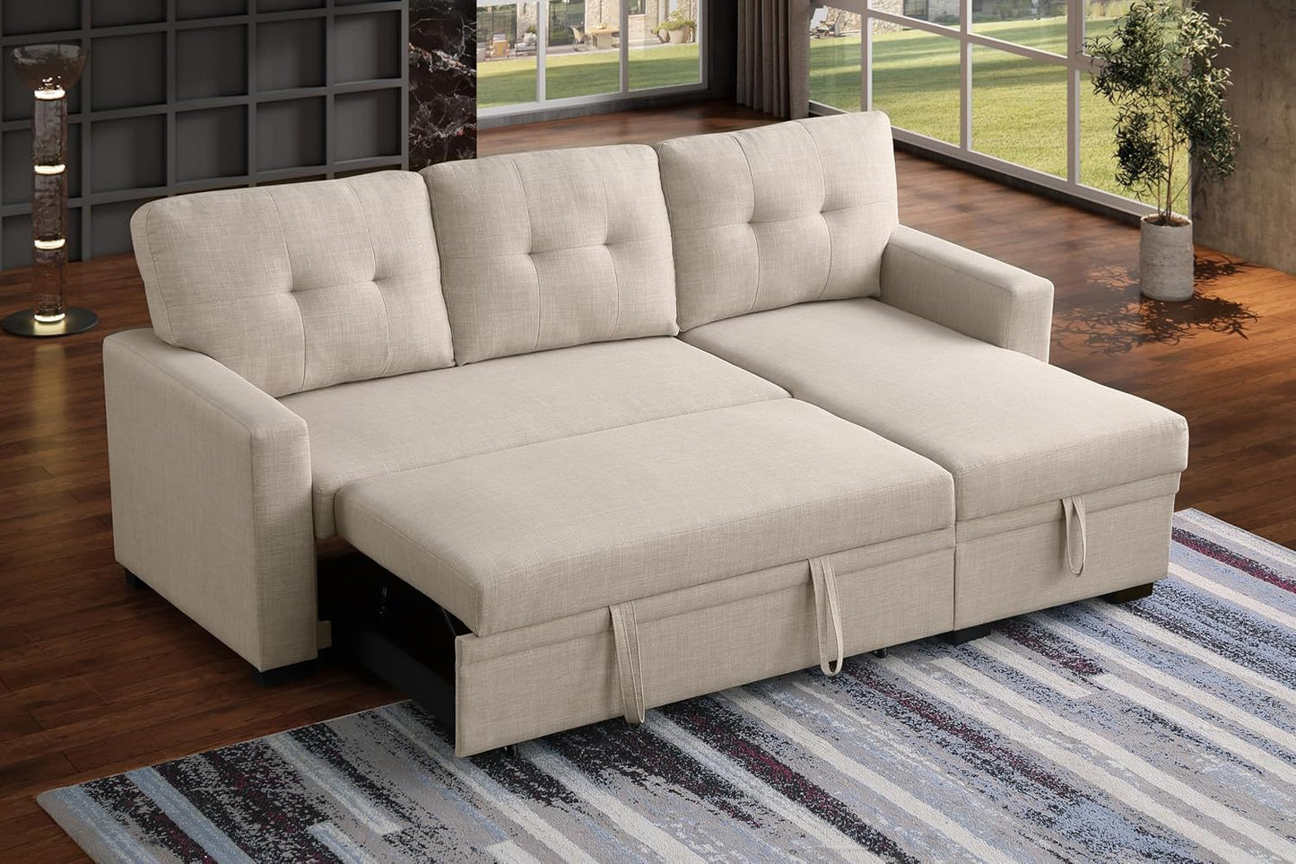 Devion Furniture Meridian 4-in-1 Convertible L Shaped Couch with Pull Out Bed and Storage, Sectional Sleeper Sofa with Reversible Chaise for Living Room, Apartment, Bedroom, Office